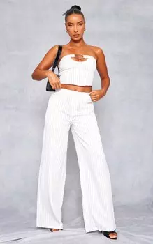 PrettyLittleThing Белые широкие брюки из тканой ткани в тонкую полоску с высокой талией