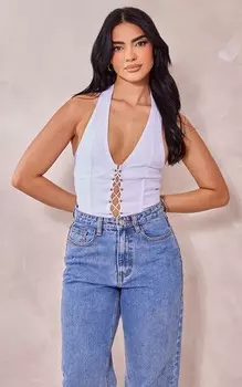 PrettyLittleThing Белый бандажный корсет на шнуровке с бретелькой на шее