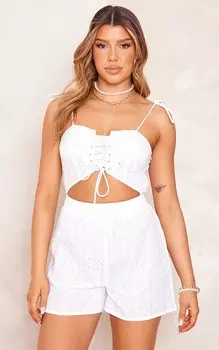 PrettyLittleThing Белый - Комбинезон-бандо со шнуровкой Broderie Anglaise
