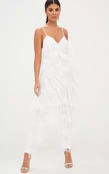 PrettyLittleThing Белый комбинезон с глубоким вырезом и кисточками