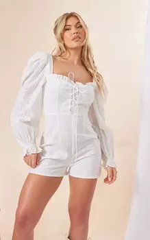 PrettyLittleThing Белый - Комбинезон с пышными рукавами и шнуровкой Broderie Anglaise