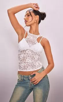 PrettyLittleThing Белый кружевной длинный топ Extreme Racer