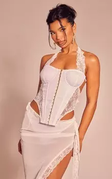 PrettyLittleThing Белый плетеный кружевной топ-бандо с крючками и проушинами на косточках