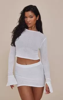 PrettyLittleThing Белый прозрачный удлиненный топ из мягкой рубчатой ткани с расклешенными рукавами