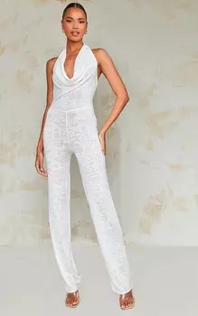 PrettyLittleThing Белый расклешенный комбинезон с воротником-хомутом