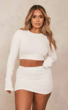 PrettyLittleThing Белый топ в рубчик с длинными рукавами Shape белого цвета