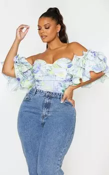 PrettyLittleThing Белый укороченный топ с пышными рукавами и цветочным принтом Plus