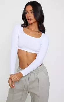 PrettyLittleThing Белый укороченный топ в рубчик с длинными рукавами и квадратным вырезом Petite