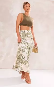 PrettyLittleThing Бежевая льняная юбка-макси с принтом "огурцы пейсли"