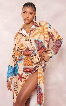 PrettyLittleThing Бежевая пляжная рубашка на пуговицах с принтом моллюсков и льняным эффектом