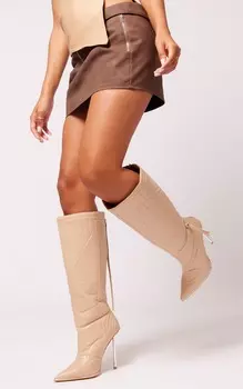 PrettyLittleThing Бежевые байкерские ботинки на металлическом каблуке с мягкой молнией из искусственной кожи