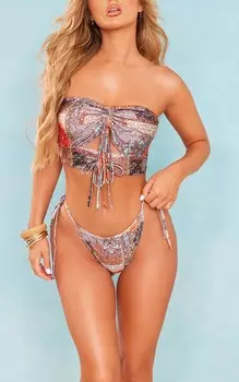 PrettyLittleThing Бежевые плавки бикини с принтом "пейсли" и завязками по бокам