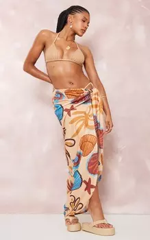 PrettyLittleThing Бежевый льняной макси-саронг с завязкой спереди и принтом моллюсков