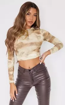 PrettyLittleThing Бежевый укороченный топ из джерси с длинными рукавами и рюшами по бокам