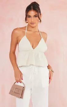 PrettyLittleThing Бежевый укороченный топ с льняным краем и оборками