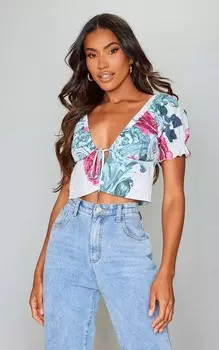 PrettyLittleThing Бежевый укороченный топ с завязкой спереди с цветочным принтом