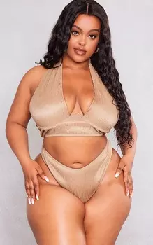 PrettyLittleThing Бикини-топ на косточках Plus Taupe Plisse с перекрестной передней частью