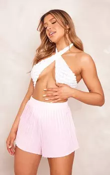 PrettyLittleThing Бледно-розовые шорты плавучей ткани со складками с принтом