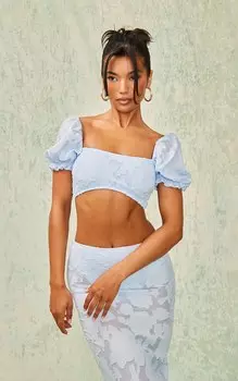 PrettyLittleThing Бледно-синий укороченный топ с цветочной аппликацией и завязками на спине с пышными рукавами