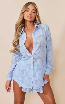 PrettyLittleThing Бледно-синяя прозрачная рубашка оверсайз с длинными рукавами и цветочным принтом