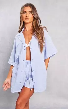 PrettyLittleThing Бледно-синяя рубашка оверсайз с короткими рукавами и ткаными карманами