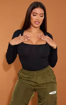 PrettyLittleThing Боди с квадратным вырезом и длинными рукавами в рубчик черного цвета