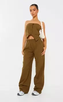PrettyLittleThing Брюки из искусственного льна Petite цвета хаки с карманами