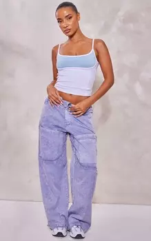 PrettyLittleThing Брюки-карго из рваного твила стального синего цвета с кислотной стиркой, складывающиеся поверх талии
