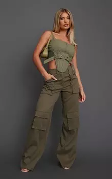 PrettyLittleThing Брюки-карго с высокой талией и карманами из твила темно-хаки