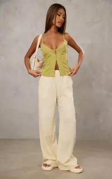 PrettyLittleThing Брюки кремового цвета с фактурной хлопковой марлей и завязками на талии