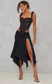 PrettyLittleThing Черная асимметричная юбка-миди Soft Touch со сборками