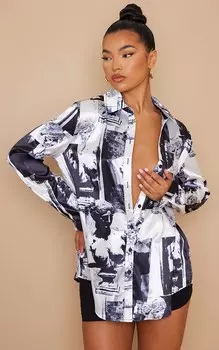 PrettyLittleThing Черная атласная рубашка на пуговицах с принтом