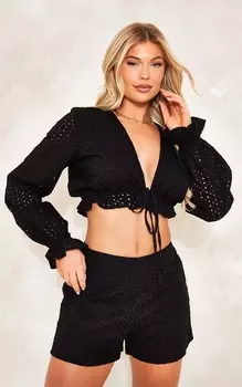 PrettyLittleThing Черная блузка с пышными рукавами и завязкой спереди Broderie Anglais