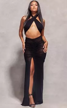PrettyLittleThing Черная длинная юбка со сборками спереди