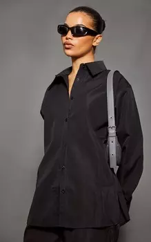 PrettyLittleThing Черная хлопковая рубашка оверсайз на пуговицах