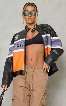 PrettyLittleThing Черная куртка-борцовка из искусственной кожи с надписью спереди