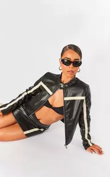 PrettyLittleThing Черная куртка для мотокросса из искусственной кожи с контрастной вставкой