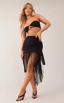 PrettyLittleThing Черная льняная асимметричная юбка с бахромой