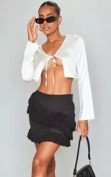 PrettyLittleThing Черная льняная мини-юбка с кисточками спереди