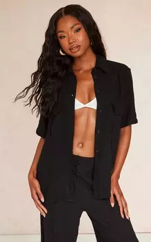 PrettyLittleThing Черная льняная рубашка с короткими рукавами и карманами спереди