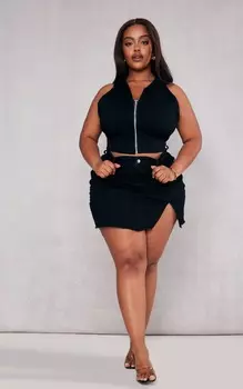 PrettyLittleThing Черная мини-юбка из эластичного денима с разрезами плюс