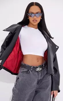 PrettyLittleThing Черная объемная байкерская куртка из искусственной кожи на стеганой подкладке с контрастной подкладкой