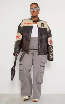 PrettyLittleThing Черная объемная куртка из искусственной кожи для мотокросса с контрастными вставками