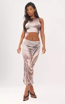 PrettyLittleThing Черная облегающая юбка мидакси с принтом