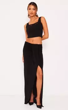PrettyLittleThing Черная обтягивающая длинная юбка с драпировкой из ацетата спереди