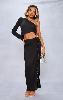 PrettyLittleThing Черная прозрачная юбка мидакси с разрезом до бедра и шнуровкой в рубчик