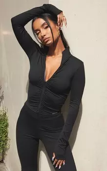 PrettyLittleThing Черная спортивная куртка на молнии спереди с фактурной отделкой и складками