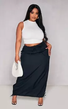 PrettyLittleThing Черная тканая юбка-миди карго плюс с перекидным подолом