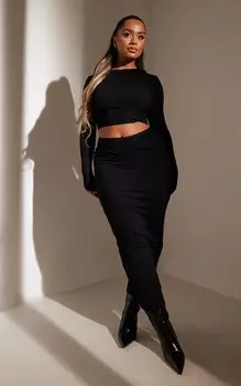 PrettyLittleThing Черная трикотажная юбка мидакси с V-образной талией и рюшами