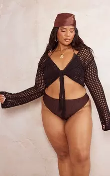 PrettyLittleThing Черная вязаная пляжная рубашка с завязкой спереди Plus